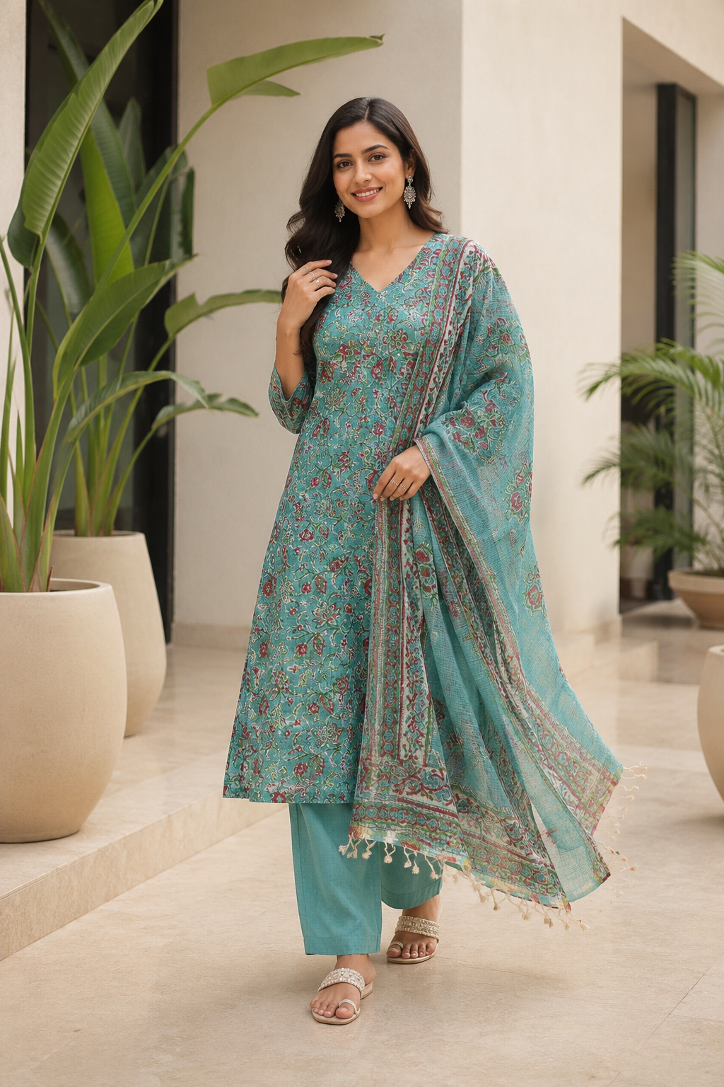 Handloom Kota Doria Hand Block Printed Turquoise Suit Set