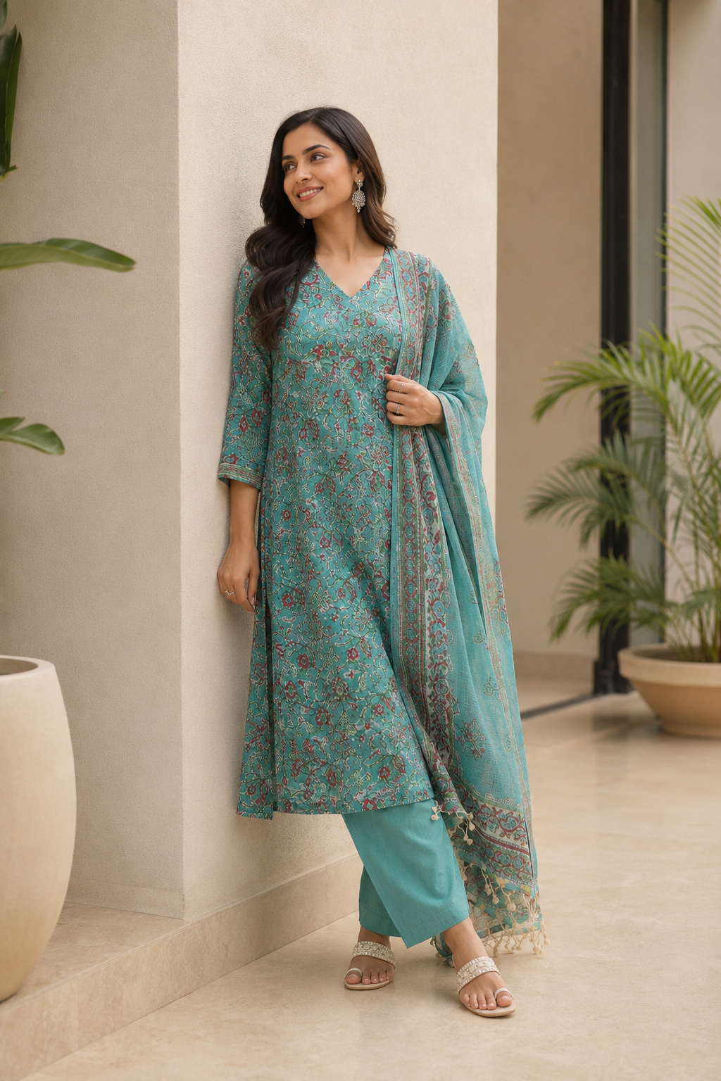 Handloom Kota Doria Hand Block Printed Turquoise Suit Set