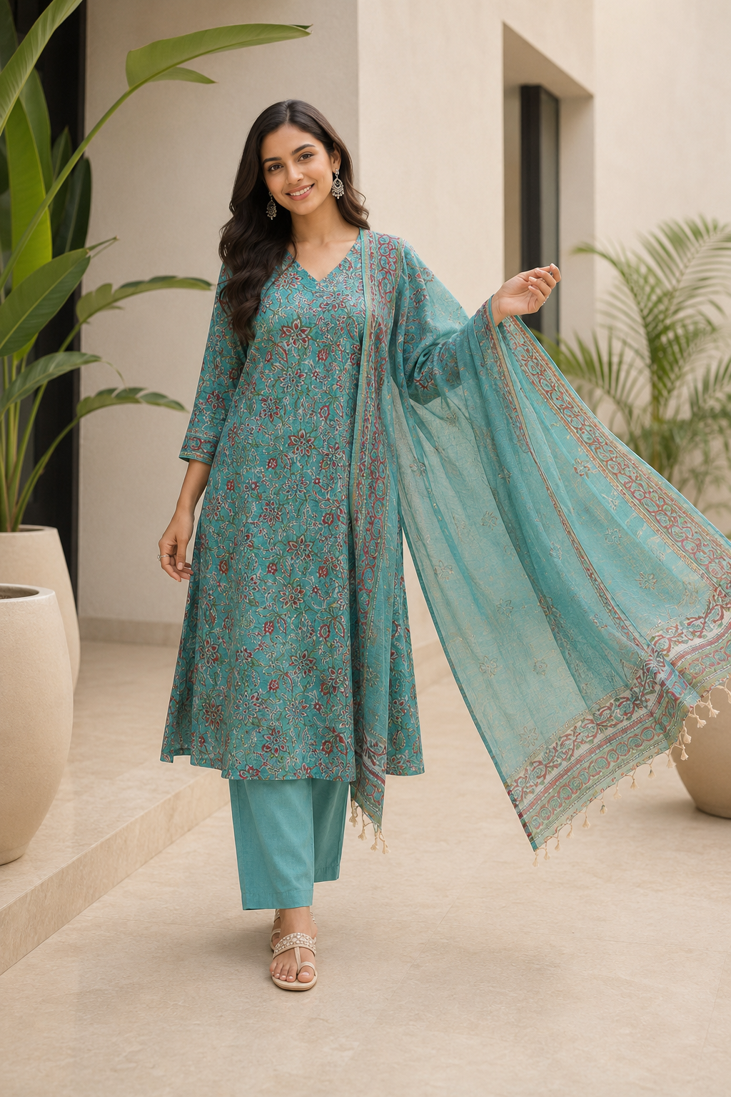 Handloom Kota Doria Hand Block Printed Turquoise Suit Set