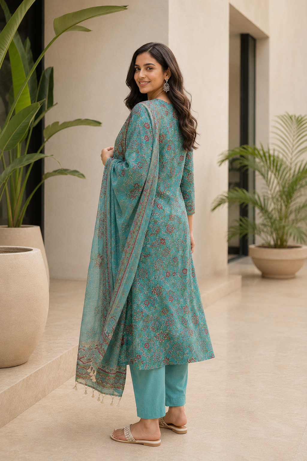 Handloom Kota Doria Hand Block Printed Turquoise Suit Set