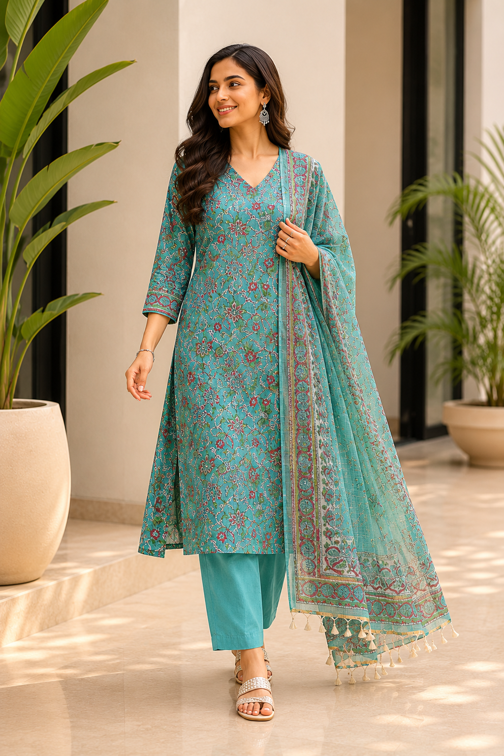 Handloom Kota Doria Hand Block Printed Turquoise Suit Set