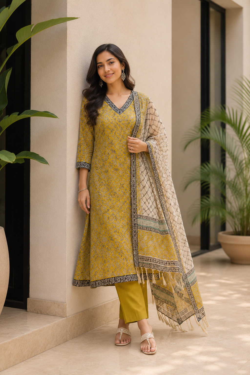 Handloom Kota Doria Hand Block Printed Yellow Suit