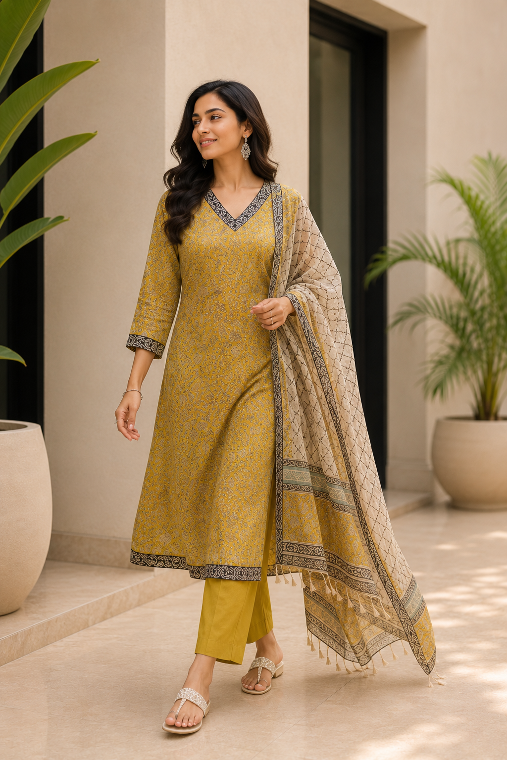 Handloom Kota Doria Hand Block Printed Yellow Suit
