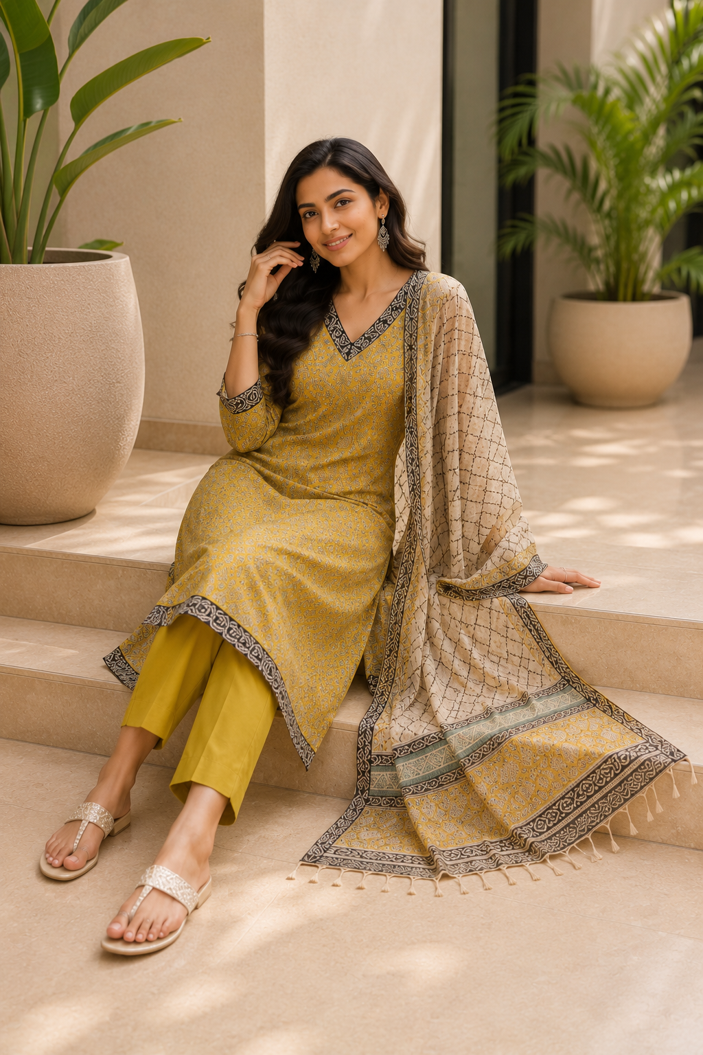 Handloom Kota Doria Hand Block Printed Yellow Suit