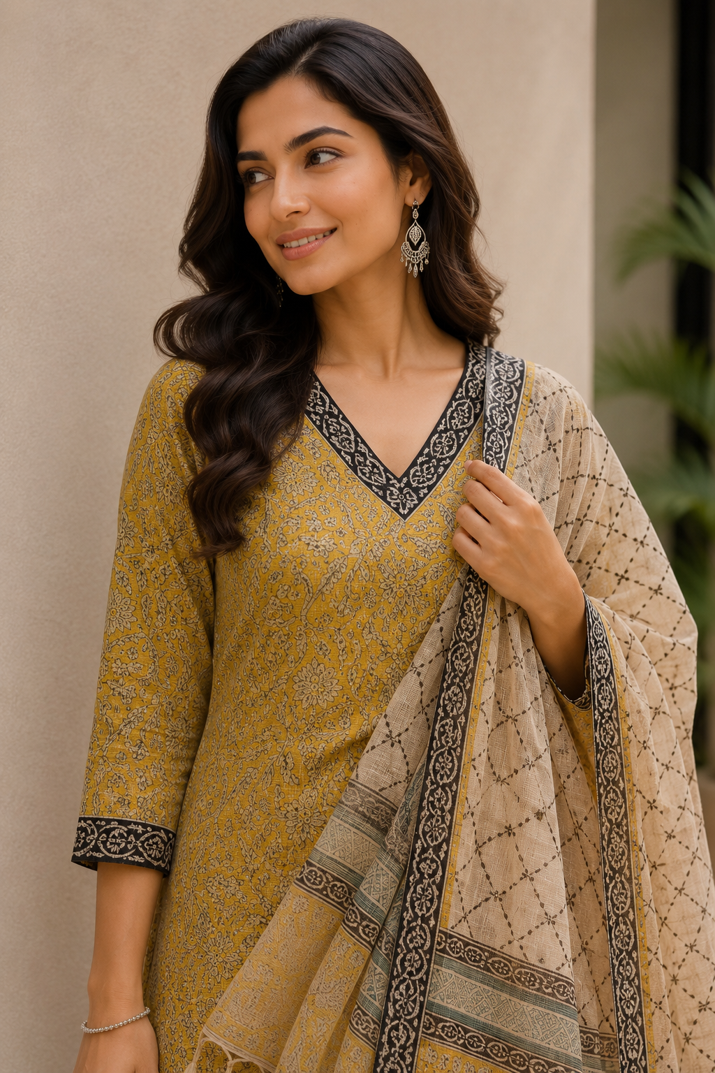 Handloom Kota Doria Hand Block Printed Yellow Suit