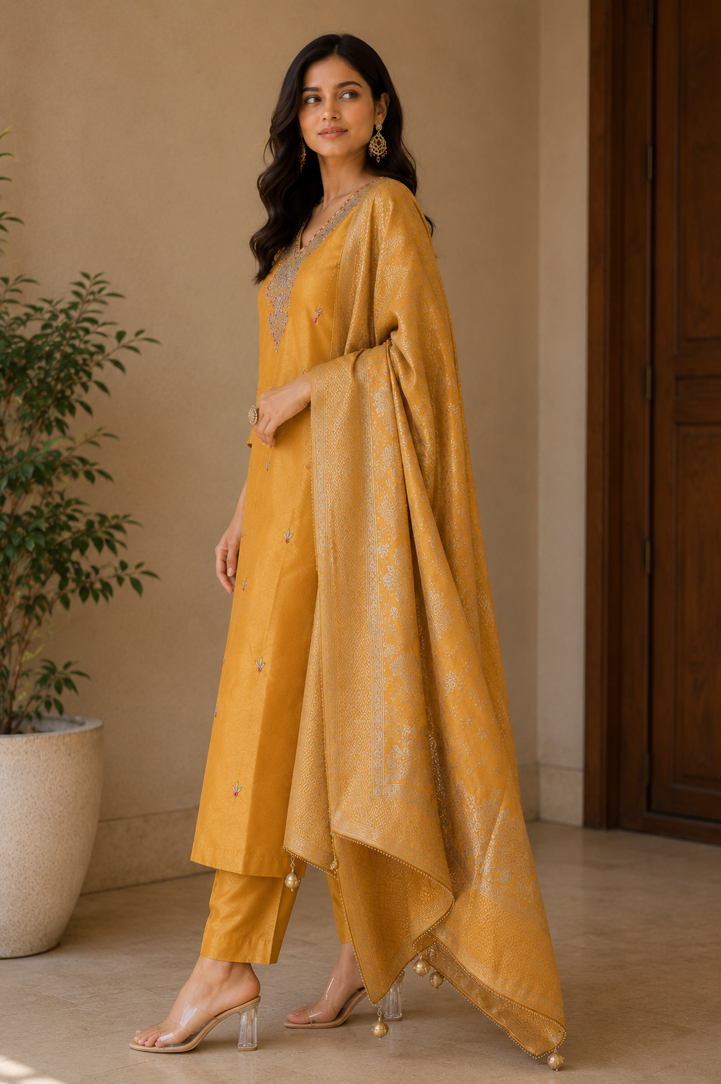 Mustard Silk Suit Set with Banarasi Dupatta & Gotta Patti Work