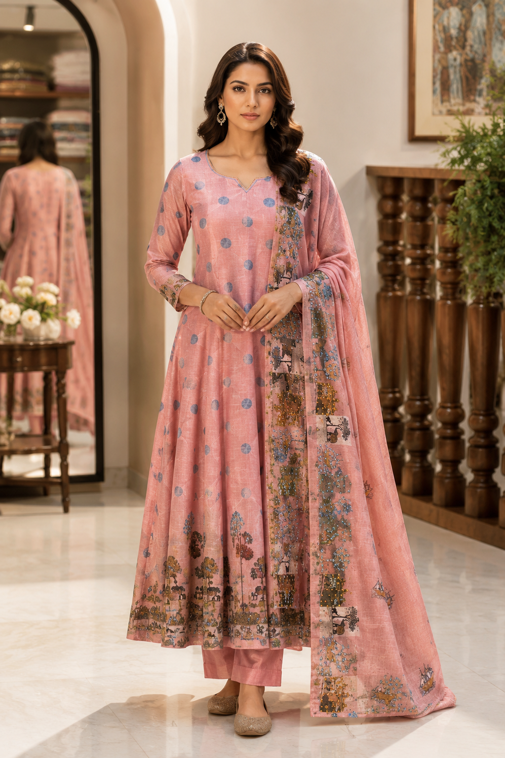 Linen Anarkali Suit with Katha Knot Work
