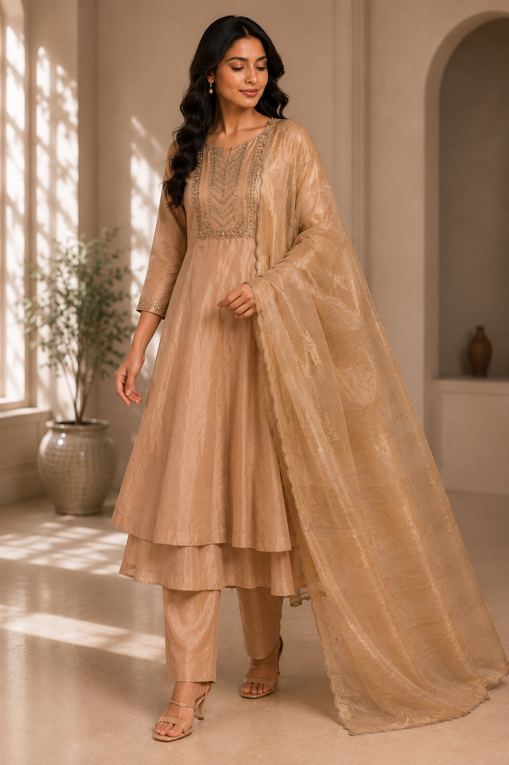 Opara Silk Two Layer Suit Set with Handwork