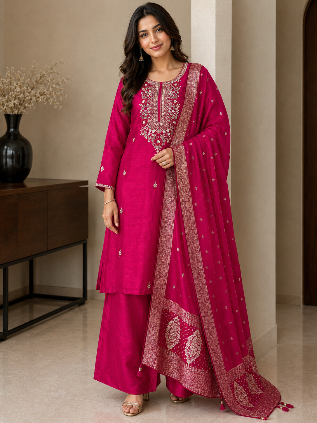 Raw Silk Suit Set with Handwork & Banarasi Dupatta