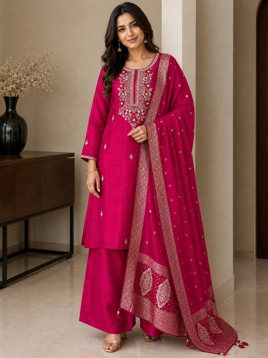 Raw Silk Suit Set with Handwork & Banarasi Dupatta