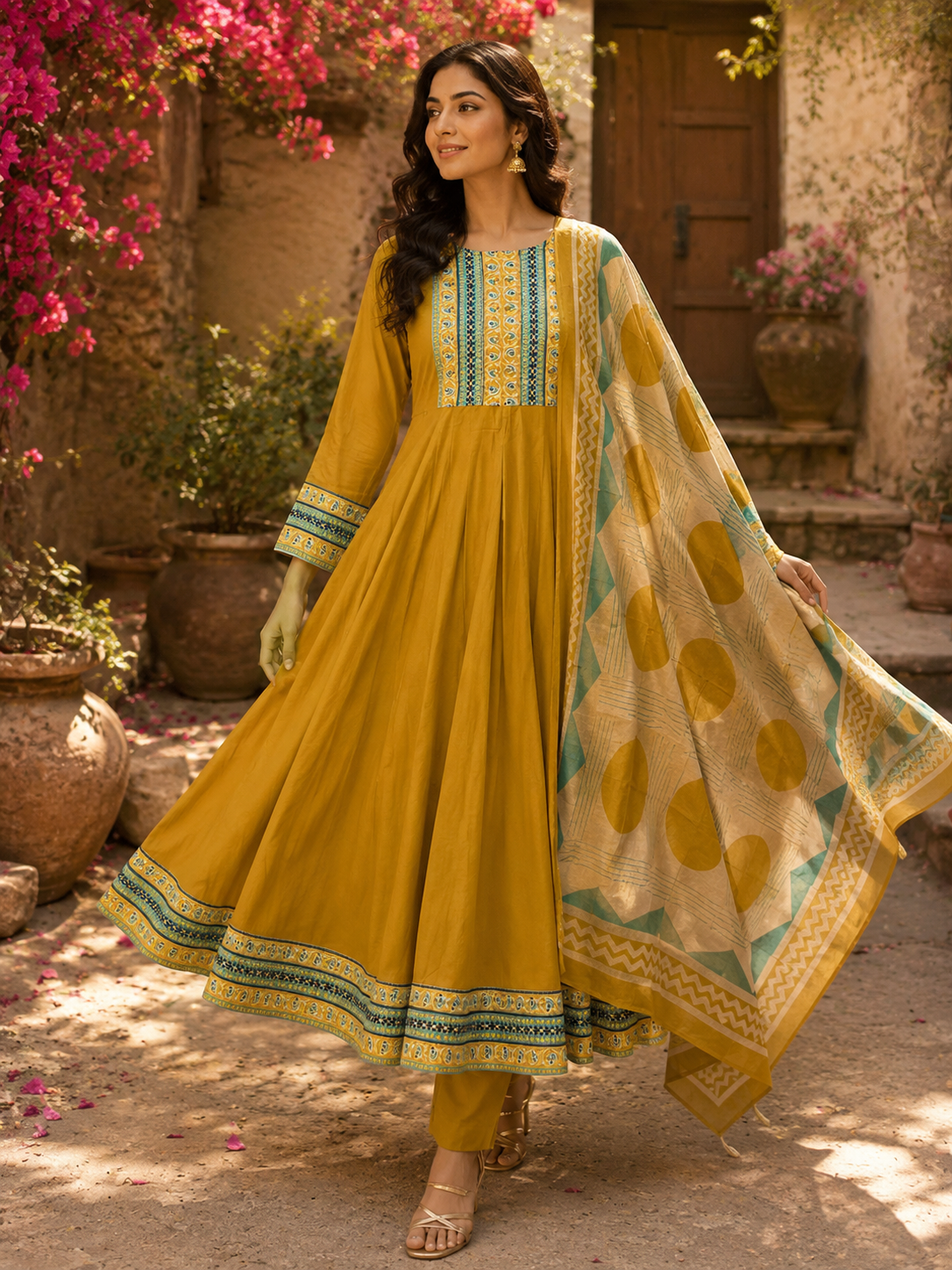Cotton Anarkali Suit Set with Light Detailing