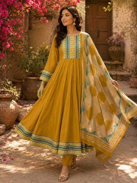 Cotton Anarkali Suit Set with Light Detailing
