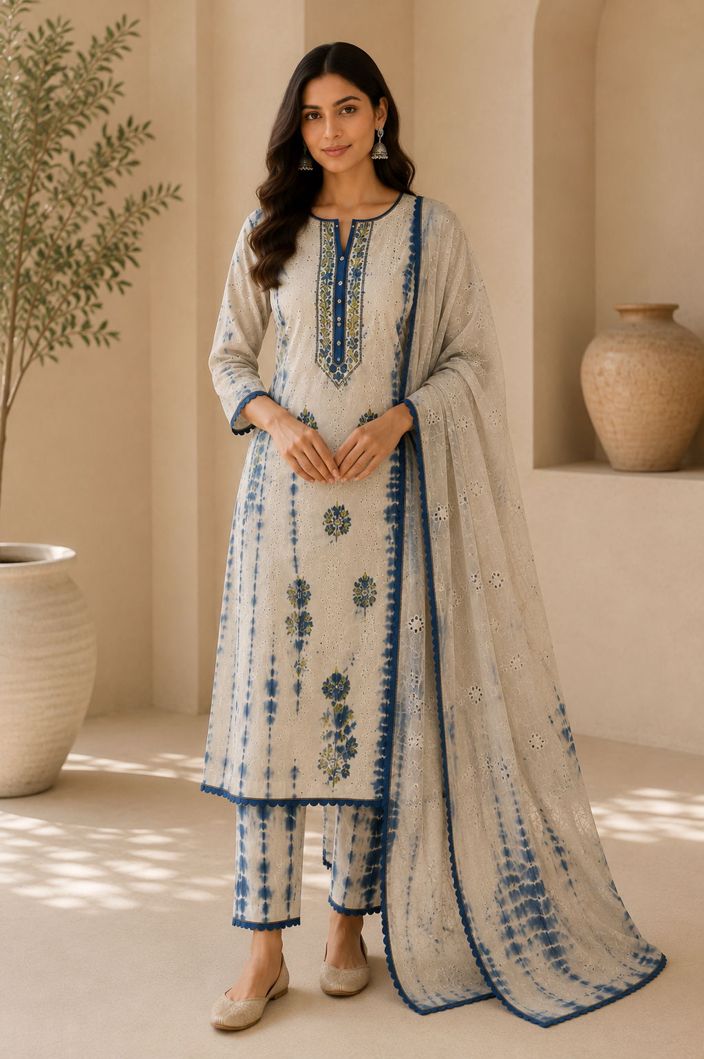 Elegant Cotton Chikankari Unstitched Suit with Tie & Dye Dupatta