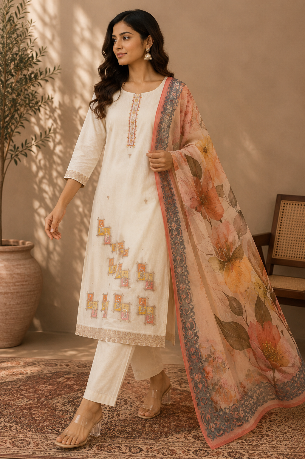 Cotton Handwork Suit Set with Pearl & Thread Work