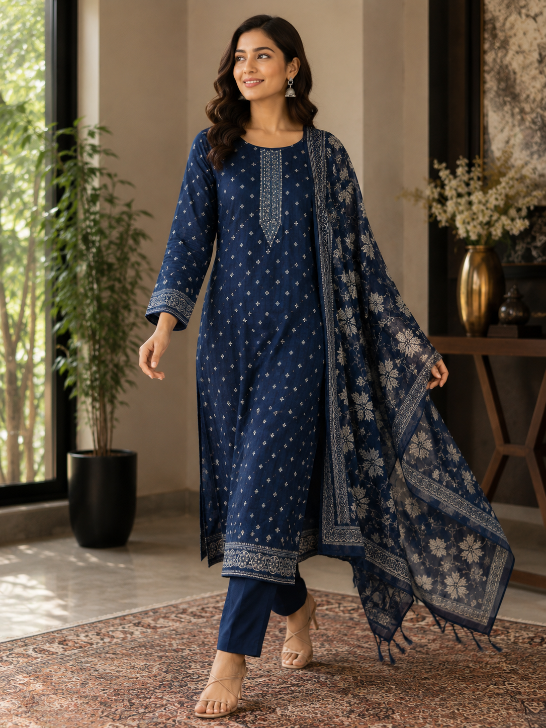 Tussar Silk Suit Set with Kantha Work Detailing