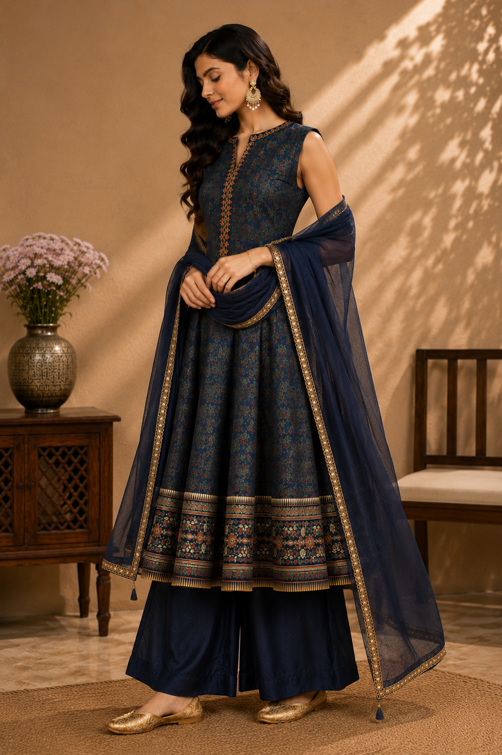 Silk Anarkali Suit Set with Handwork & Chinon Dupatta