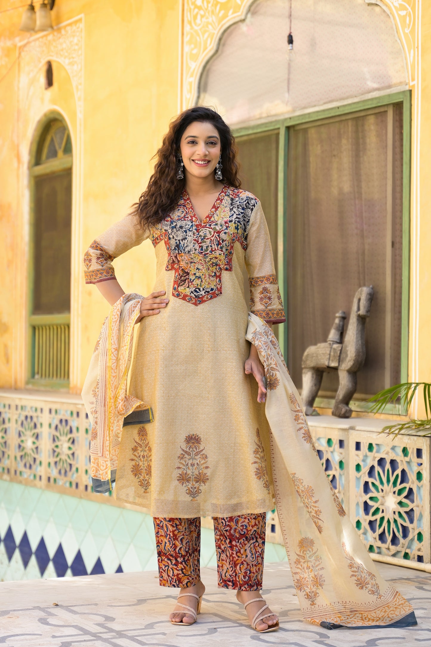 Chanderi Suit with Organic Kalamkari & Hand Block Print