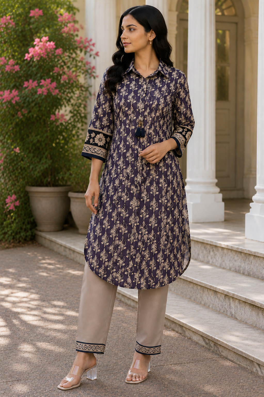 Mul Chanderi Printed Kurta Pant Set with Thread Work