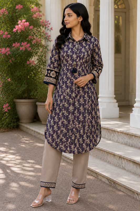 Mul Chanderi Printed Kurta Pant Set with Thread Work