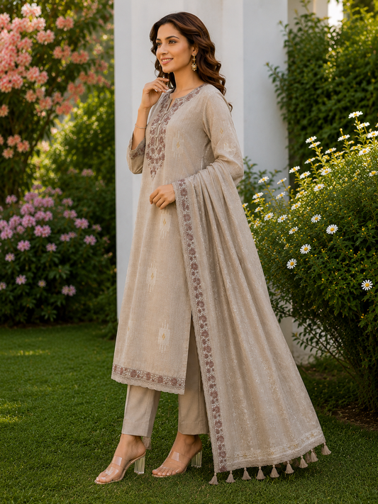 Chanderi Suit Set with Elegant Machine Work