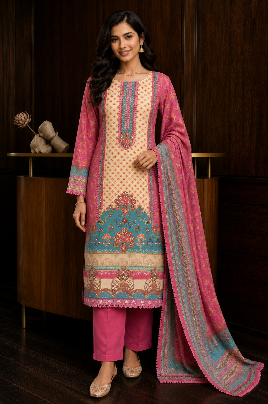 Italian Cotton Suit with Bead & Mirror Work Detailing