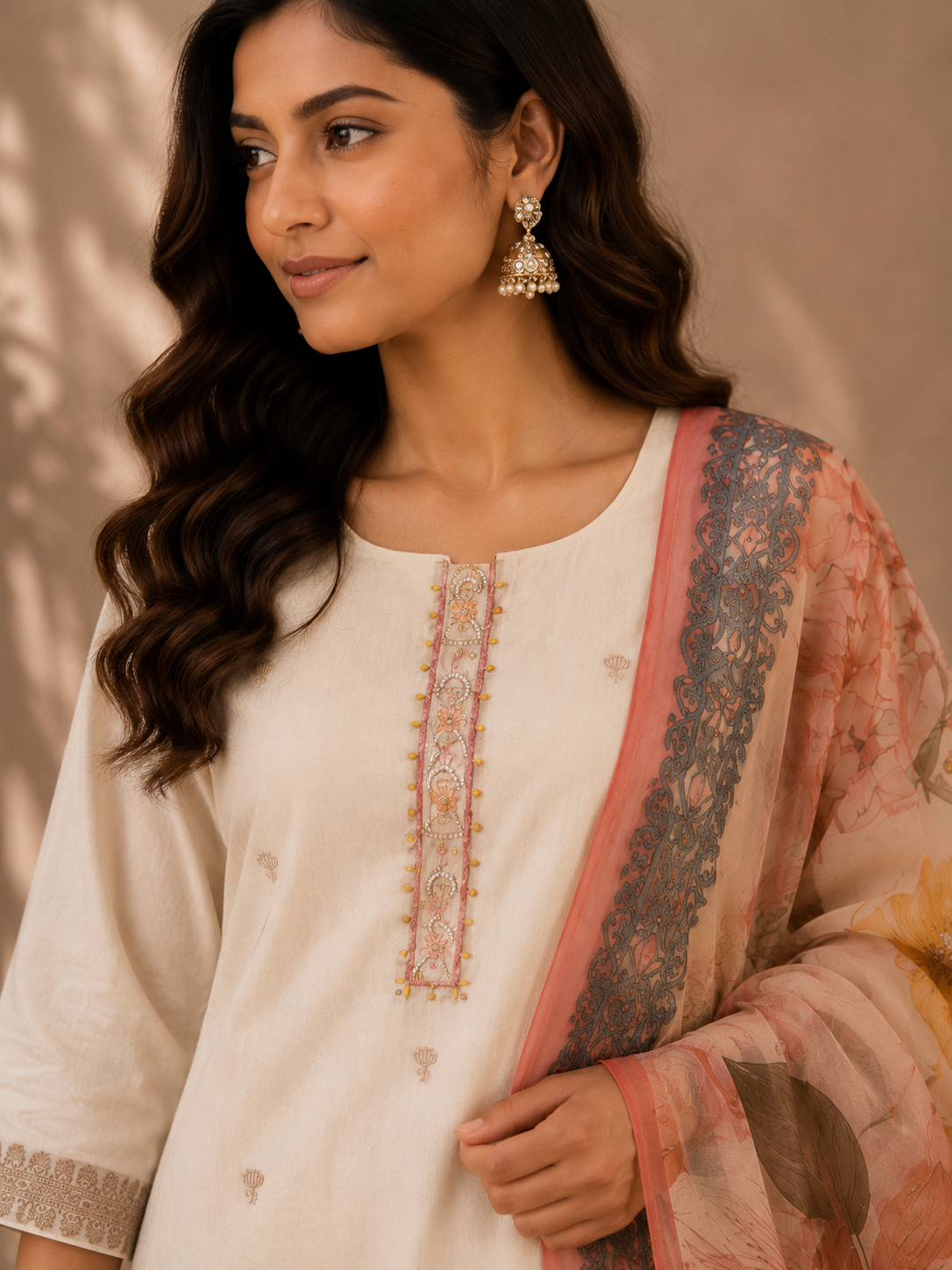 Cotton Handwork Suit Set with Pearl & Thread Work