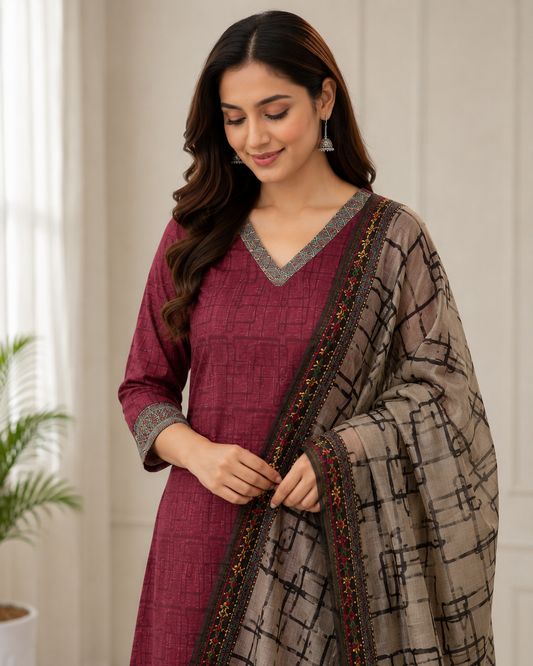 Chanderi Katha Work Suit Set