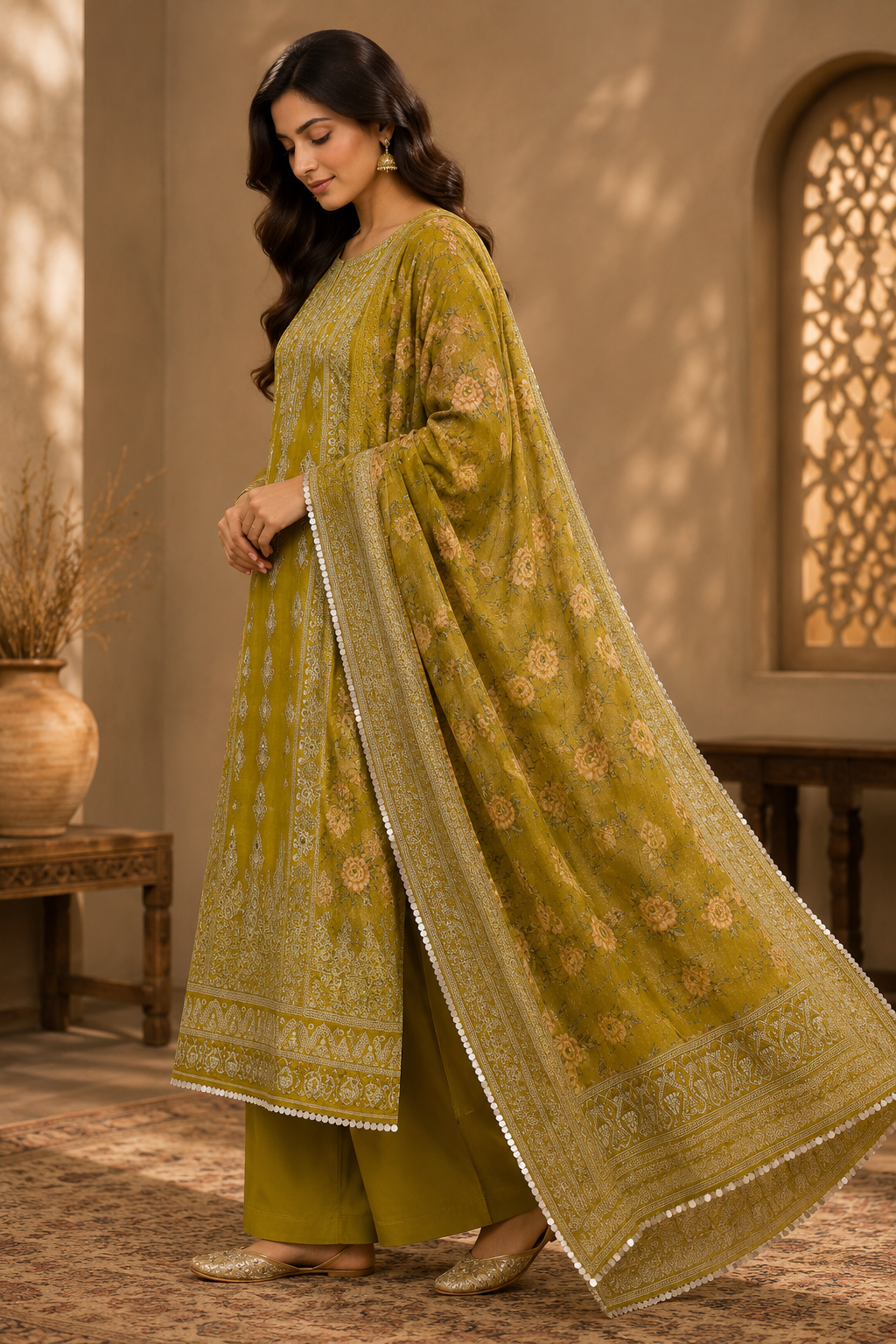 Crust Tissue Suit Set with Thread & Mirror Work Print