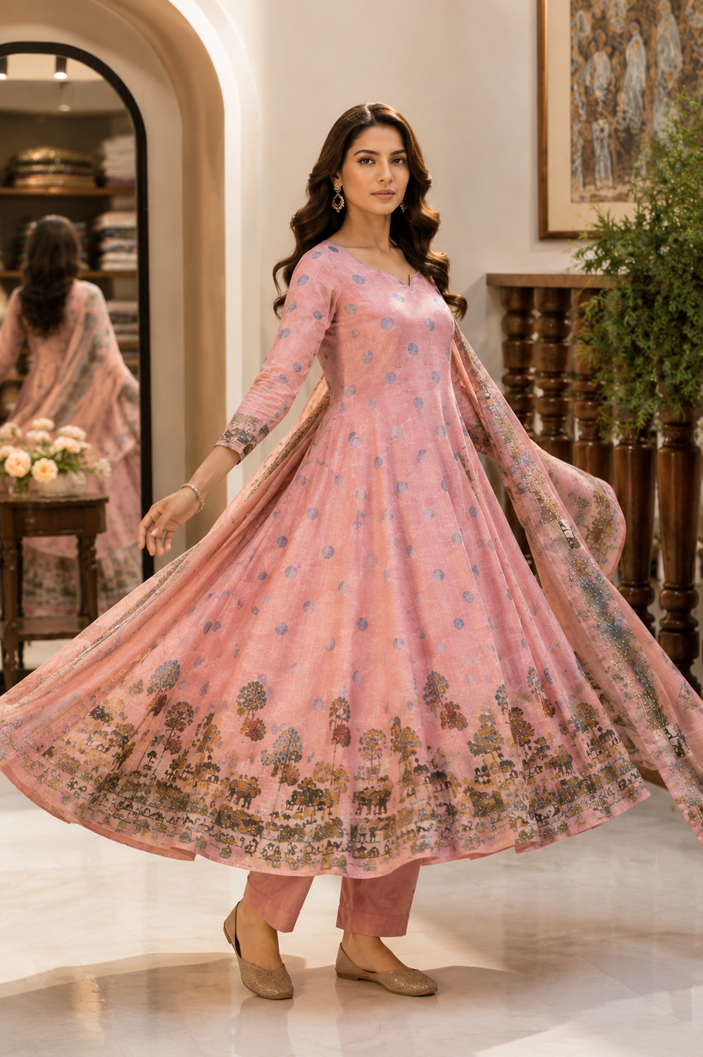 Linen Anarkali Suit with Katha Knot Work