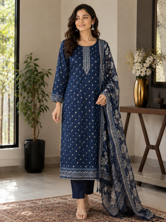Tussar Silk Suit Set with Kantha Work Detailing