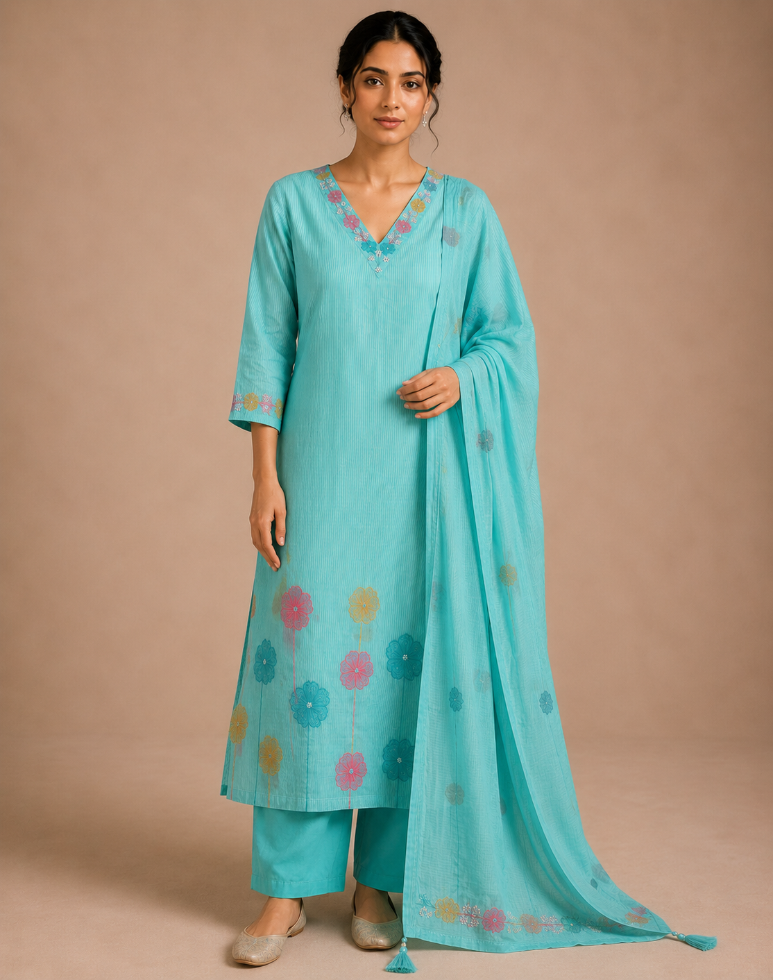 Premium Cotton Suit Set with Thread & Pearl Work