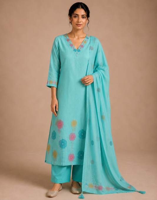 Premium Cotton Suit Set with Thread & Pearl Work