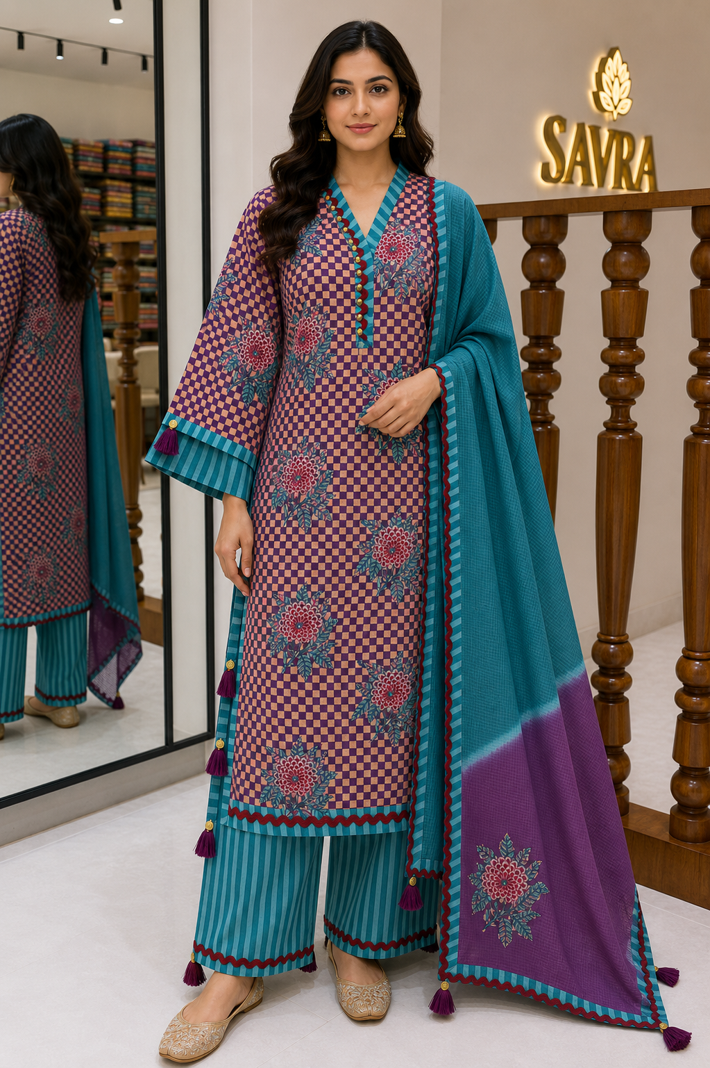 Abstract Print Suit Set with Lace & Appliqué Detailing