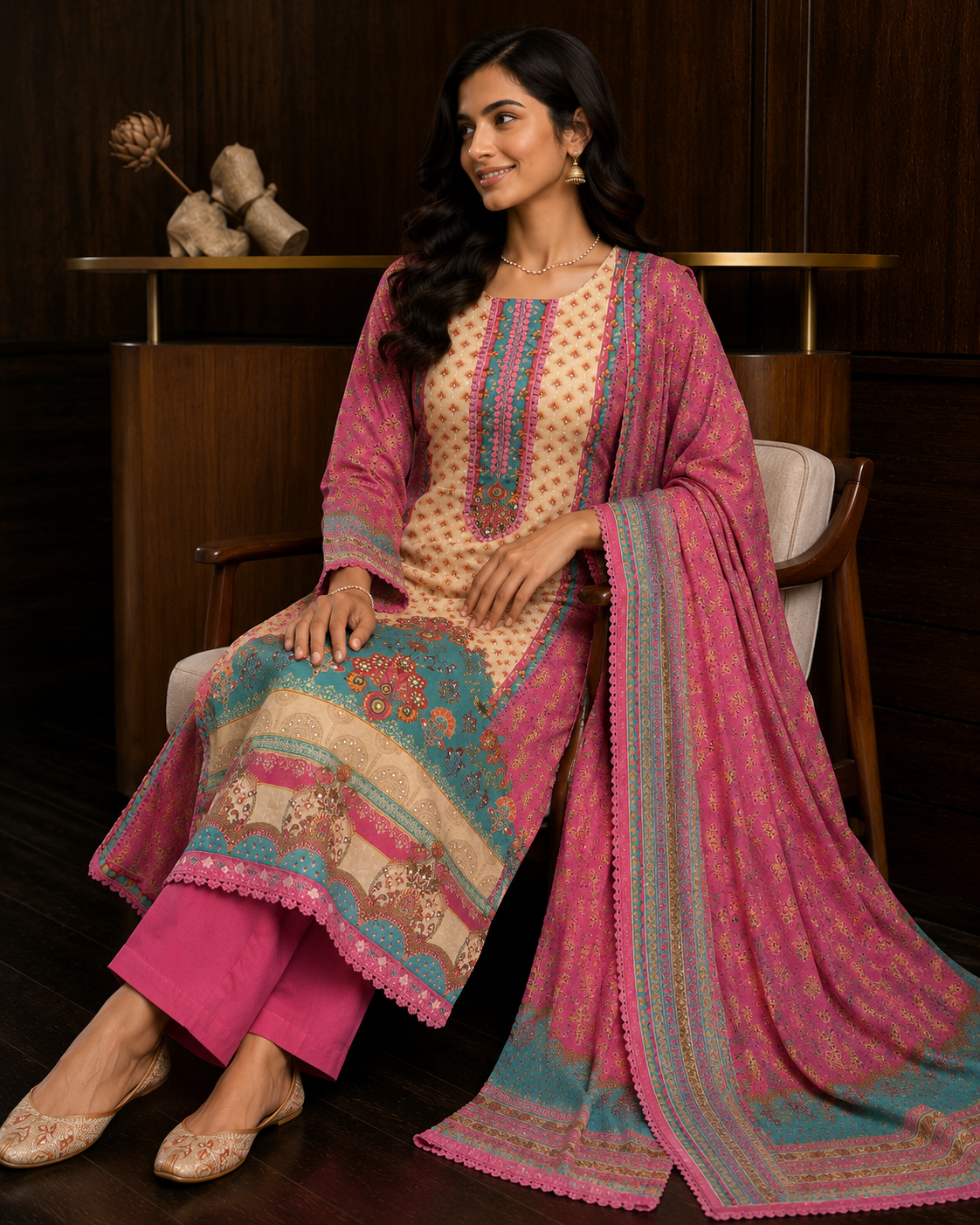 Italian Cotton Suit with Bead & Mirror Work Detailing