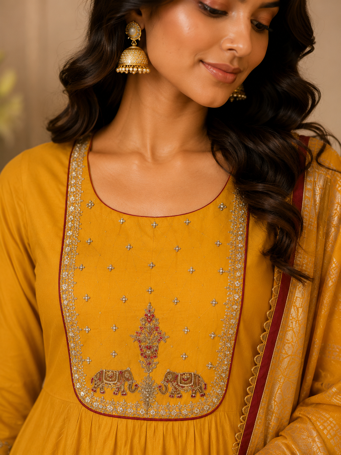 Mustard Mul Chanderi Anarkali Suit Set with Zari & Pearl Work