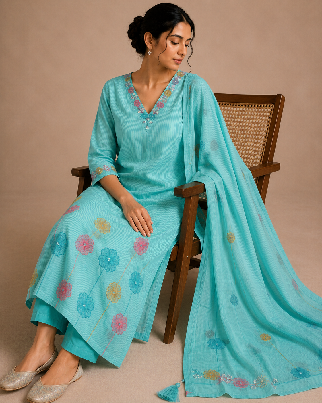 Premium Cotton Suit Set with Thread & Pearl Work