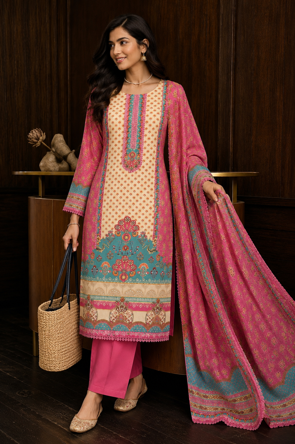 Italian Cotton Suit with Bead & Mirror Work Detailing