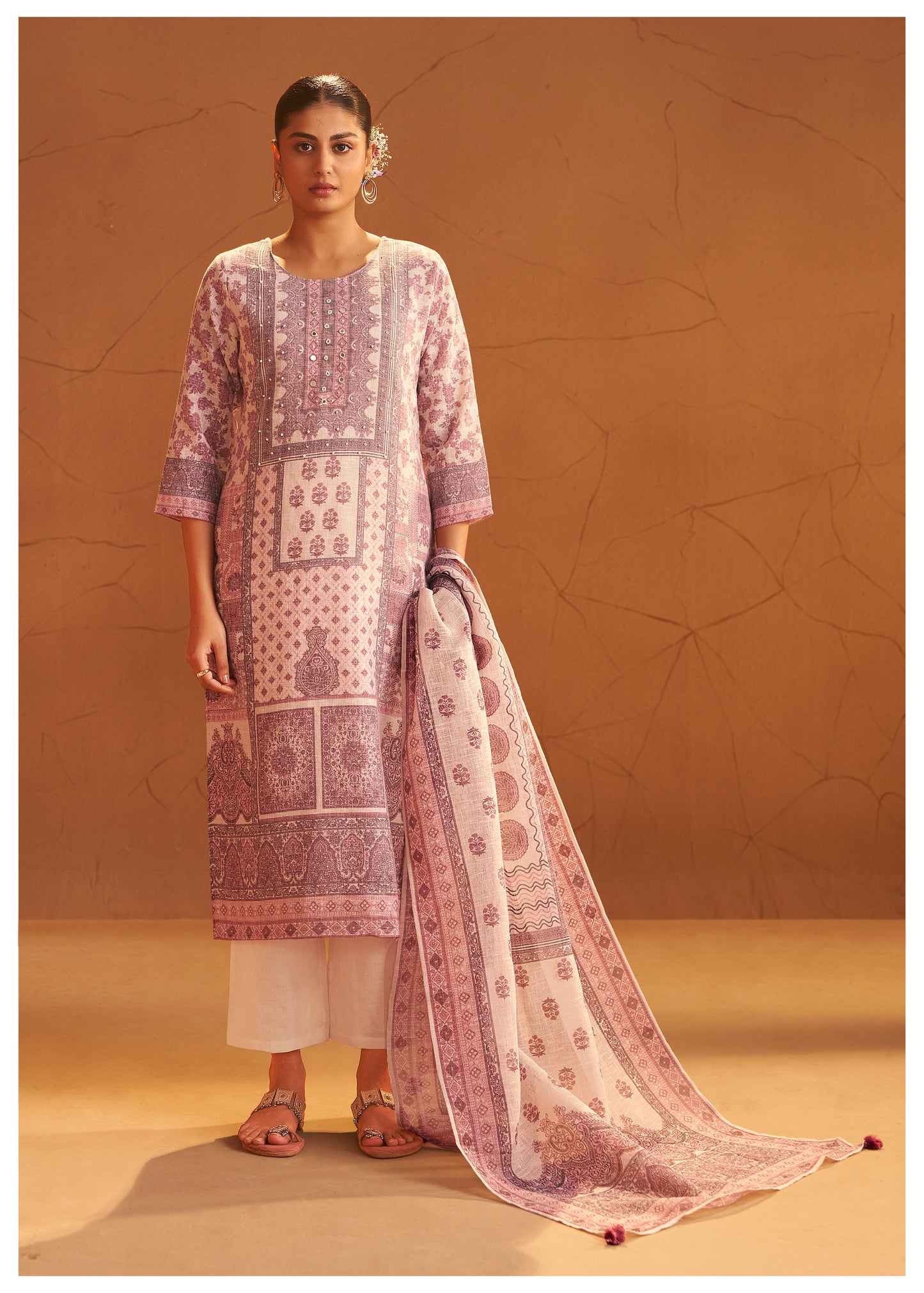 Printed Mauve Linen Suit Set with Thread & Moti Work