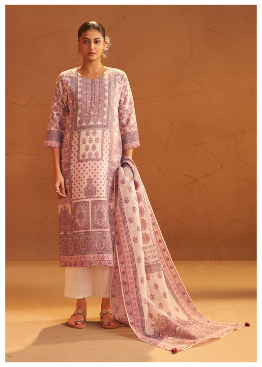 Printed Mauve Linen Suit Set with Thread & Moti Work