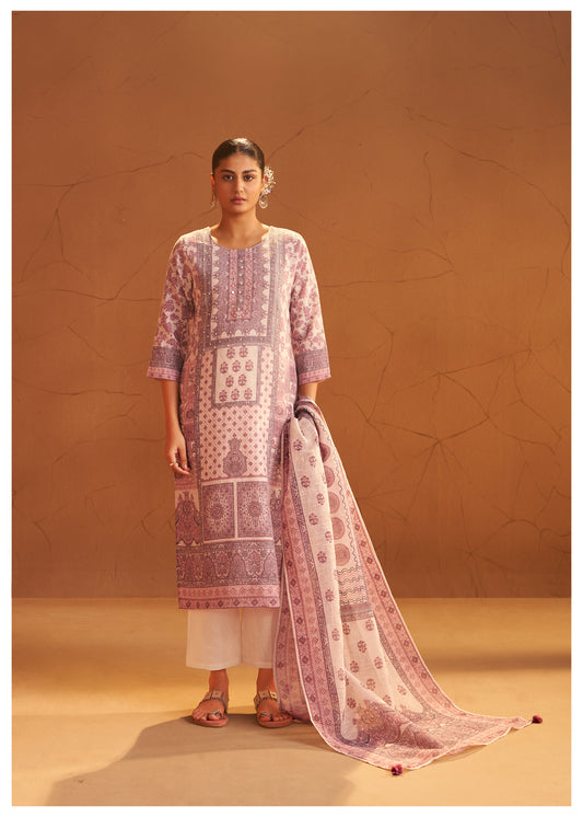 Printed Mauve Linen Suit Set with Thread & Moti Work
