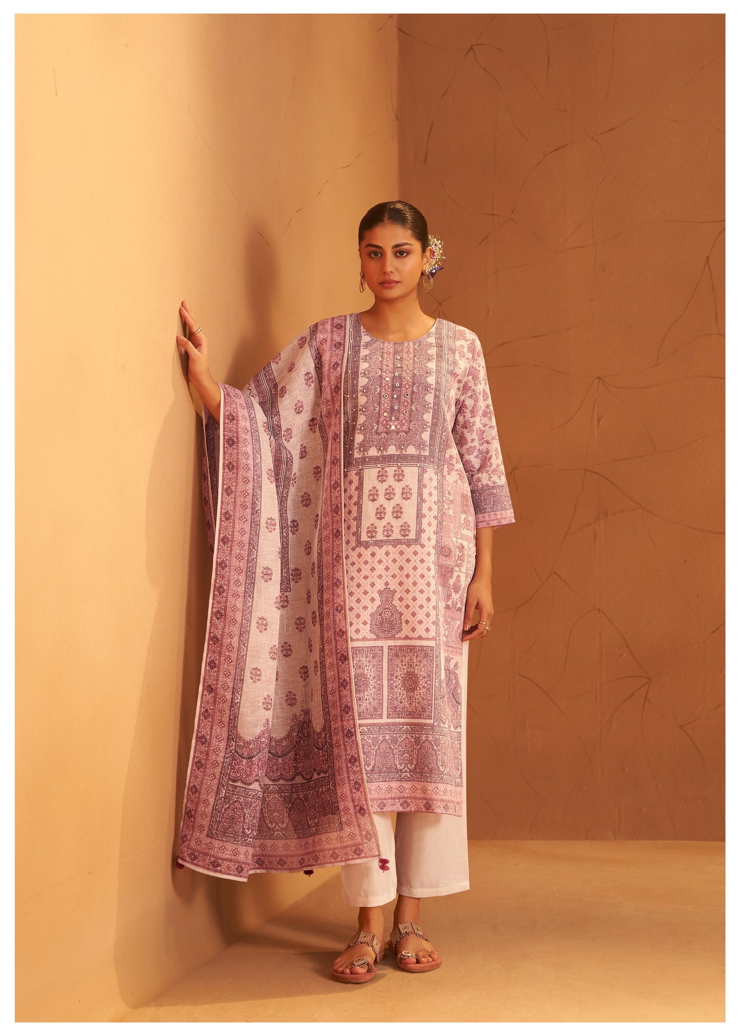 Printed Mauve Linen Suit Set with Thread & Moti Work