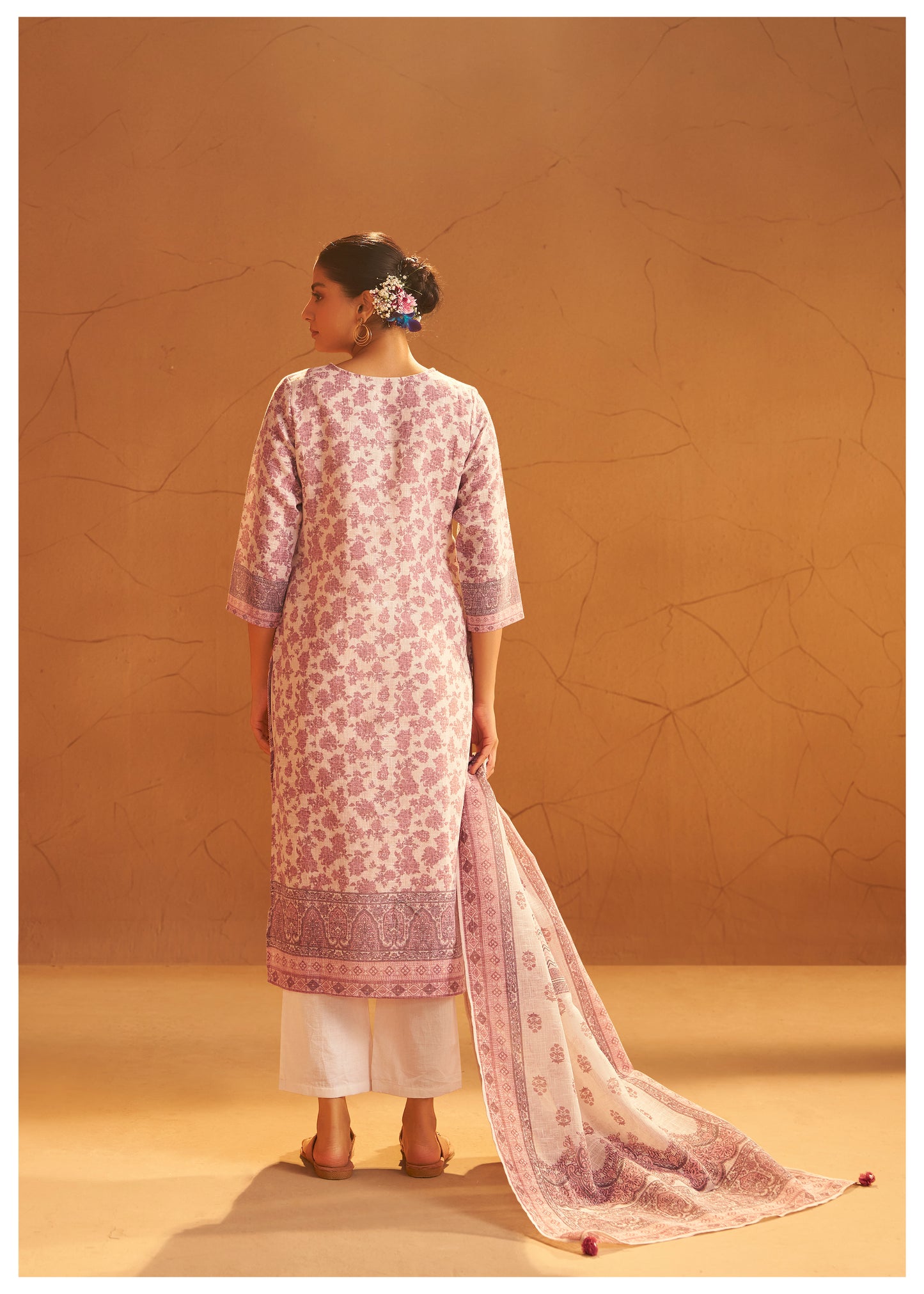 Printed Mauve Linen Suit Set with Thread & Moti Work