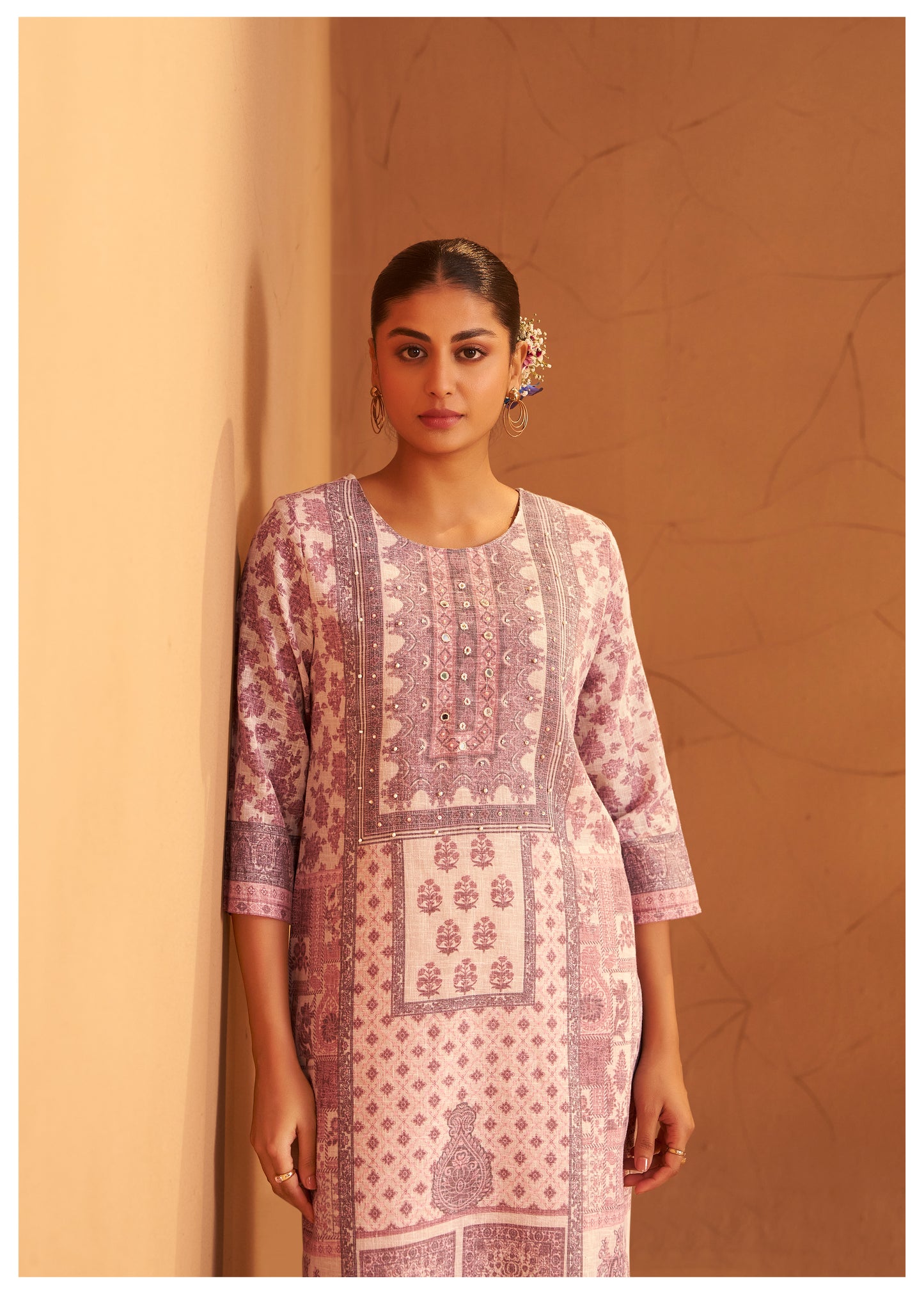 Printed Mauve Linen Suit Set with Thread & Moti Work