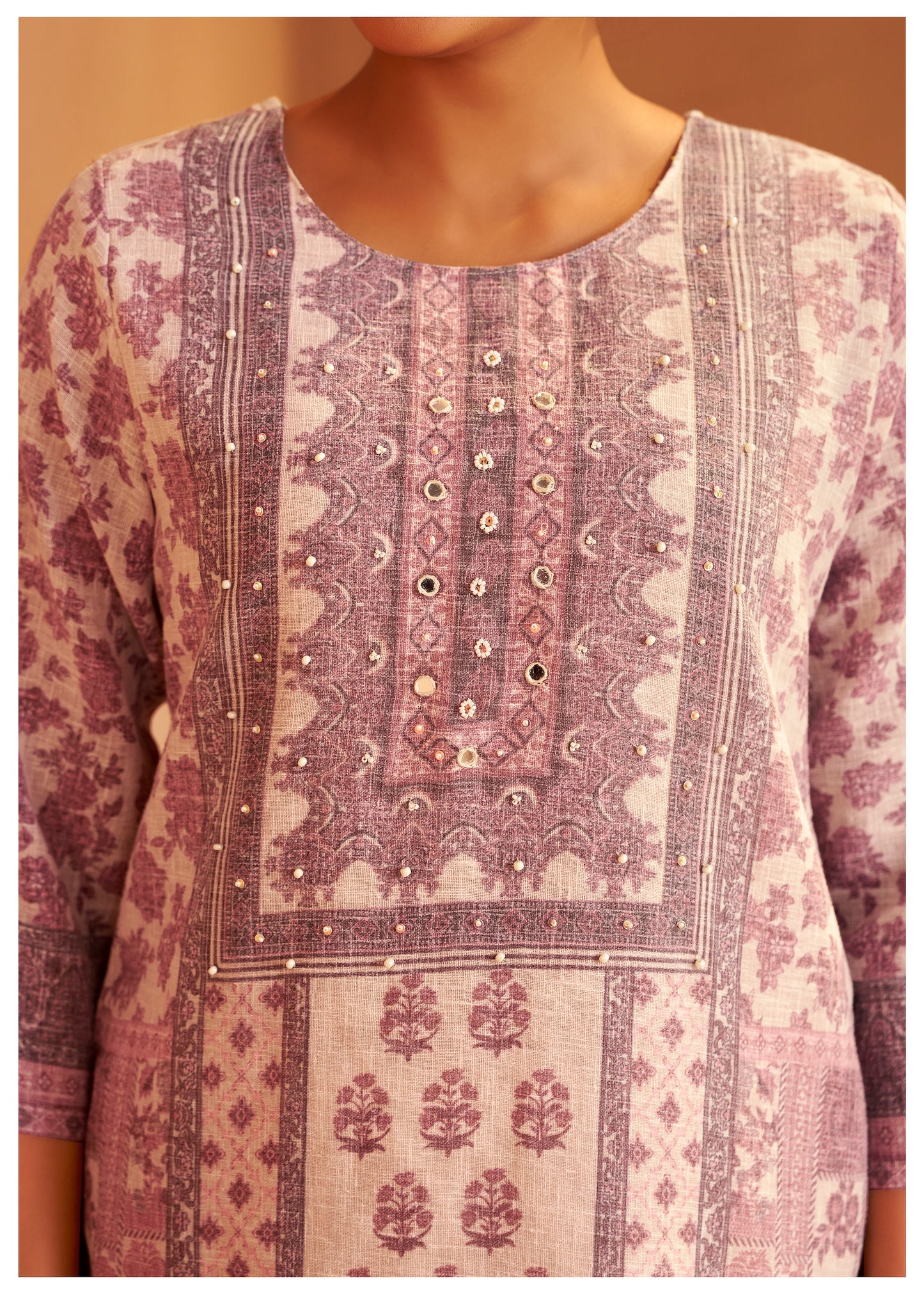 Printed Mauve Linen Suit Set with Thread & Moti Work