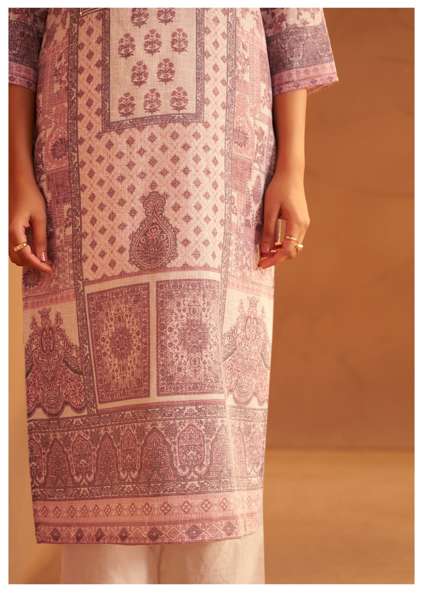 Printed Mauve Linen Suit Set with Thread & Moti Work