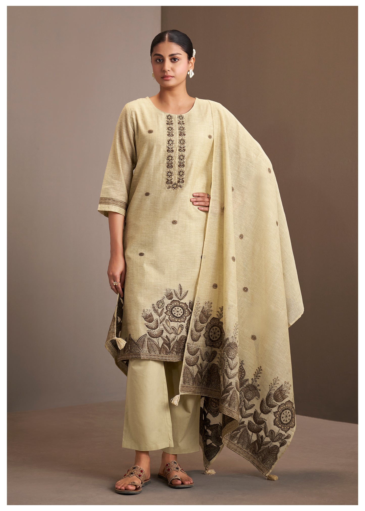 Jacquard Weaving Brown Linen Suit Set