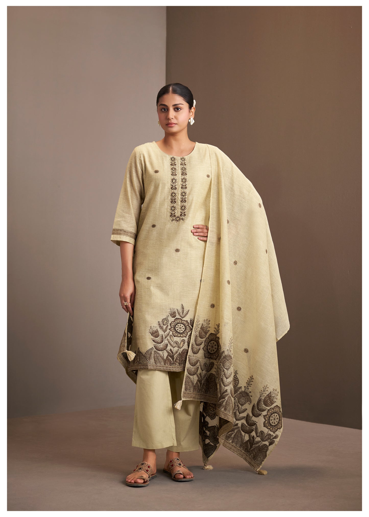 Jacquard Weaving Brown Linen Suit Set