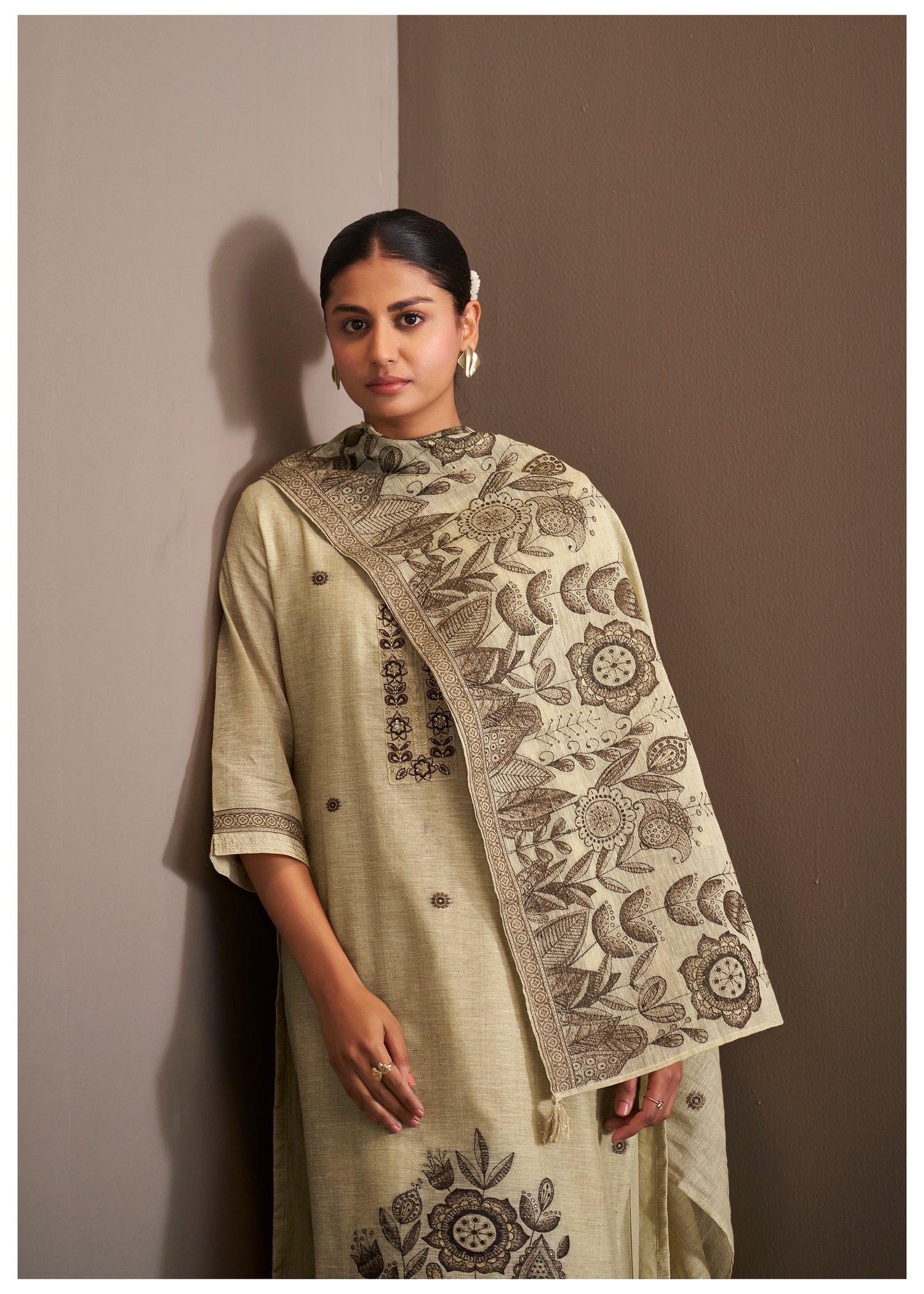 Jacquard Weaving Brown Linen Suit Set