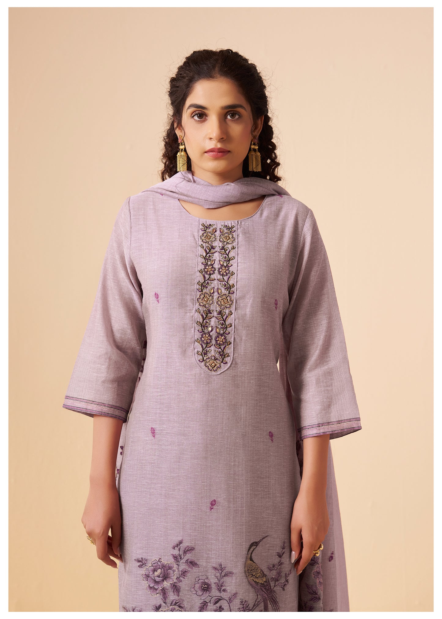 Thread & Zari Detail Lavender Linen Suit Set