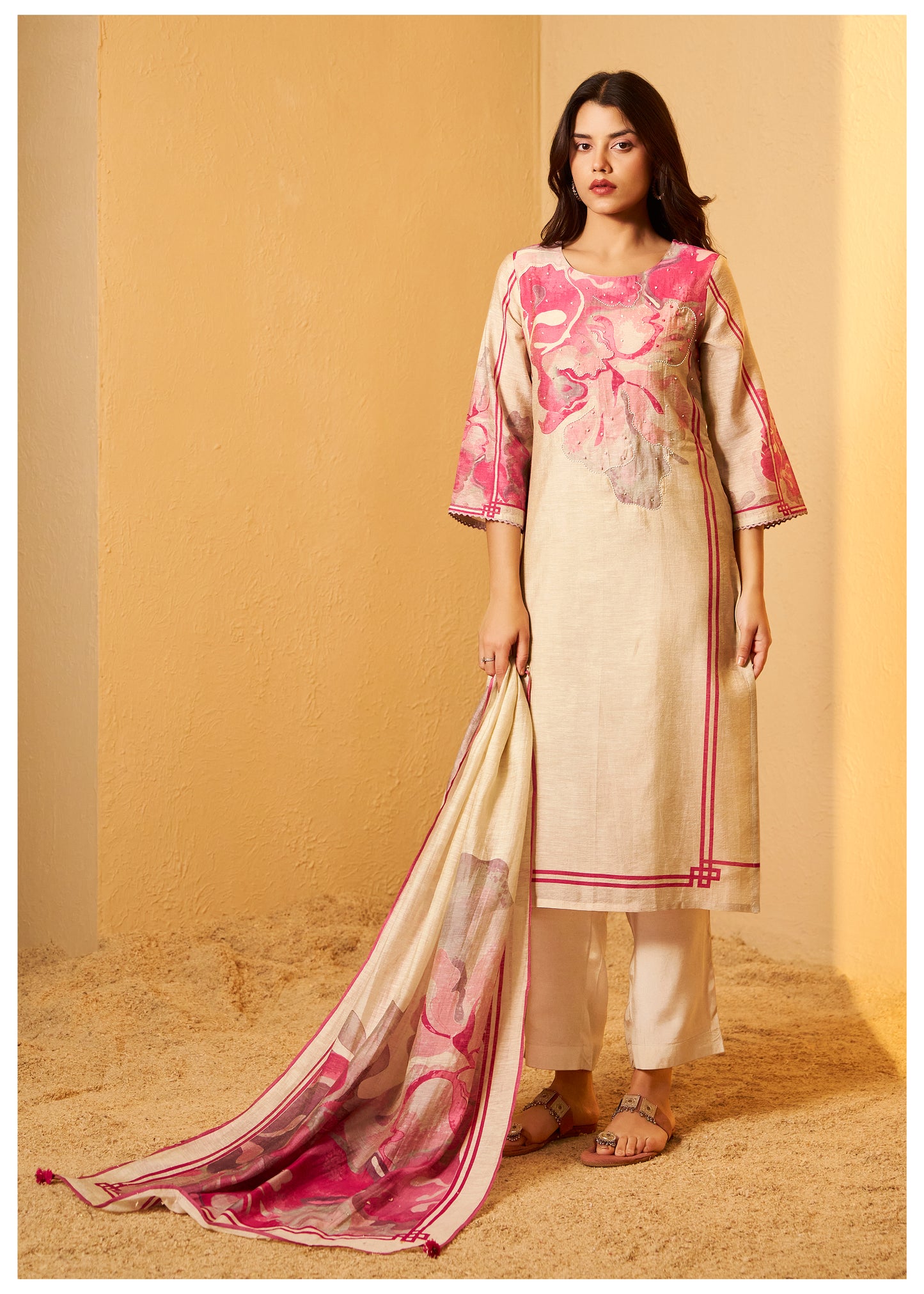 Digital Print Moti Work Beige Shimmer Linen Suit